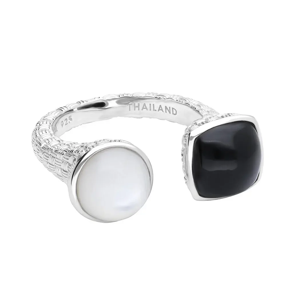 ARIVA Sterling Silver Mother of Pearl & Onyx Cuff Ring Sz 5